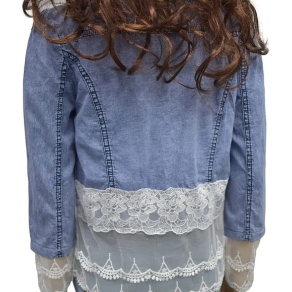 Slim Stitching Denim Top Blouse Long Sleeve Pearl Neckline & Lace Trim Size L - Picture 2 of 13